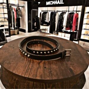 Michael KORS Studded Black Leather Skinny Belt | Silver Hardware Women’s Medium